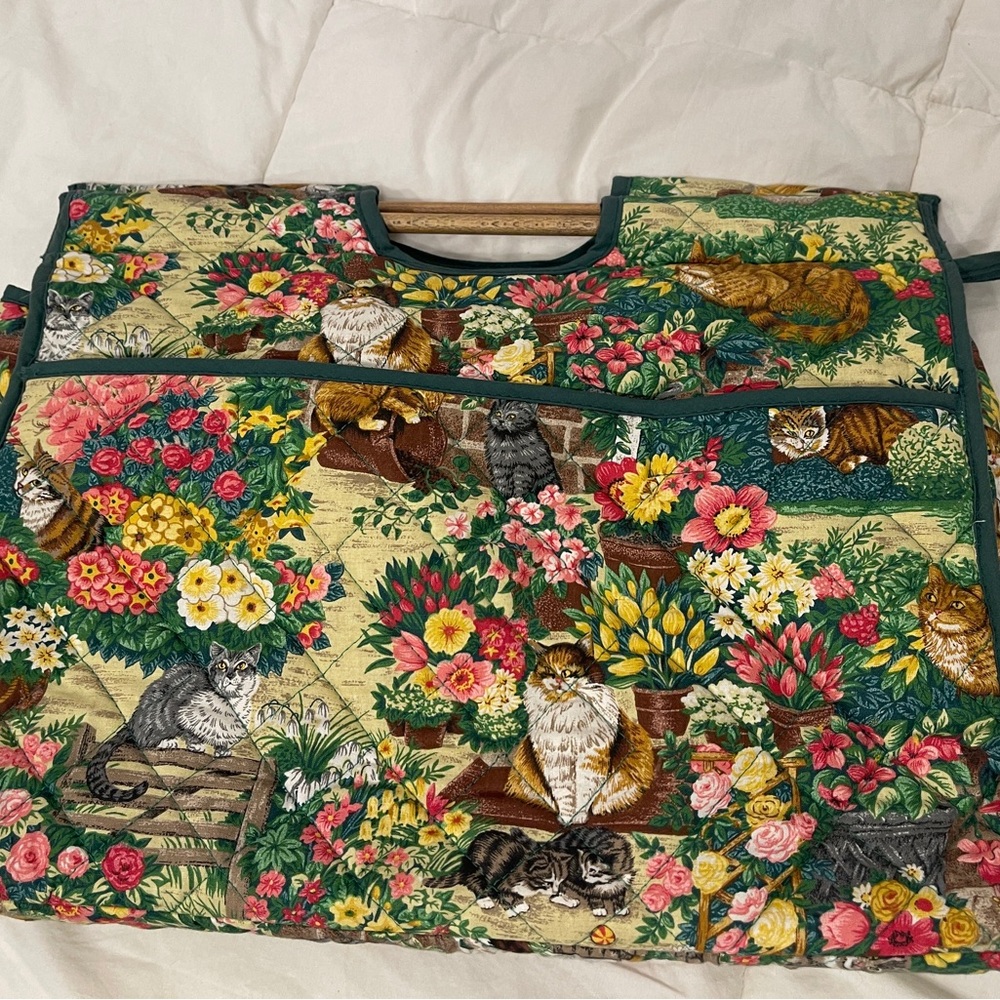 Cat and kittens Floral lined, knitting bag with wooden handle